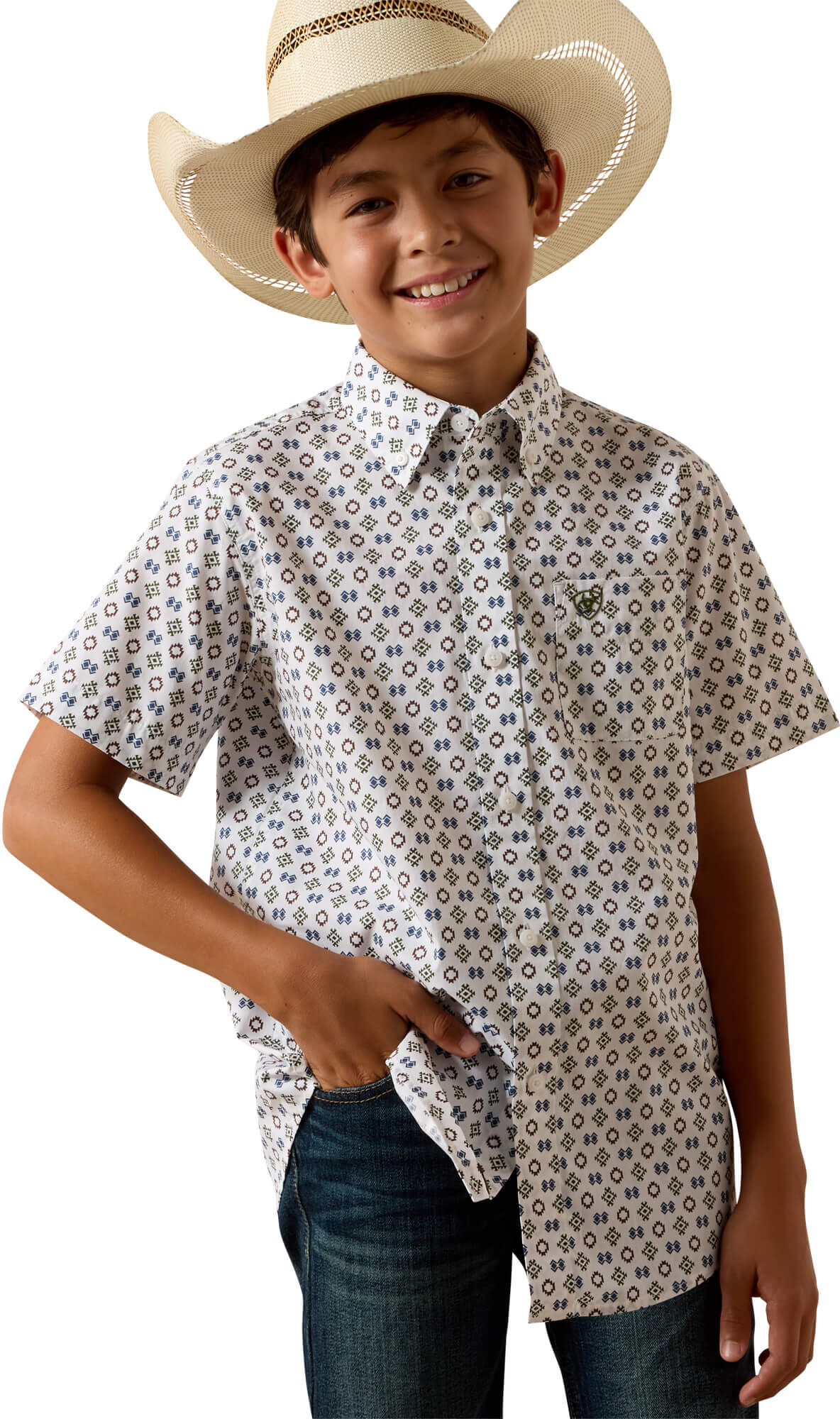 Kid's Seton Shirt in White Southwest Motif Print, Size: Large by Ariat