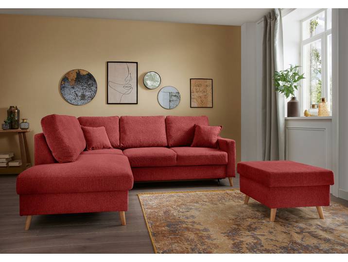 Ecksofa mit Ottomane & Funktion Rot Webstoff Jimin 230 x 94 x 200cm Ottomane davorstehend links mit Schlaffunktion Modern