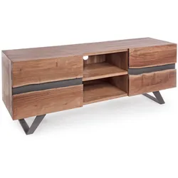 TV-Board Aron aus Akazienholz, modernes Design, natur, 160 cm, Metallgestell in Grau