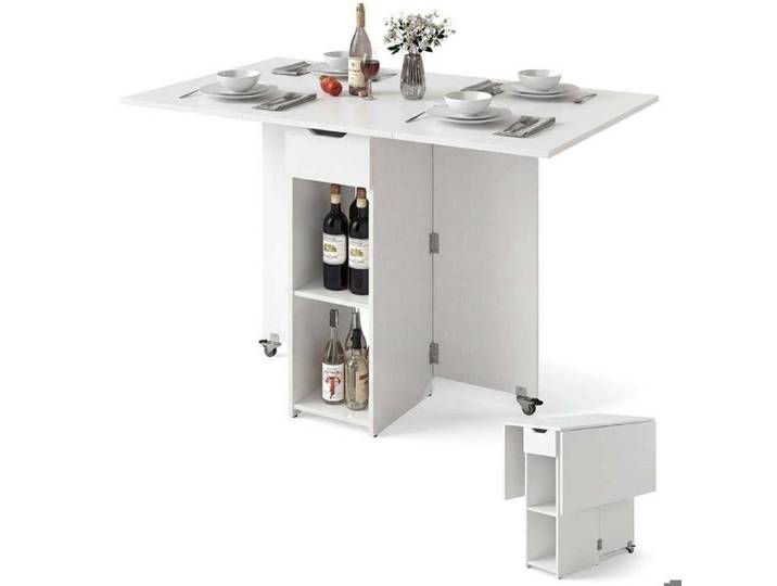 Table pliante blanche multifonction roulettes étagères tiroir gain de place pour cuisine