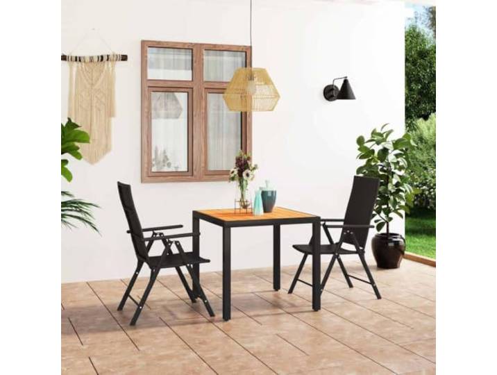 PE Rattan WPC Tischplatte Aluminiumgestell witterungsbeständig Gartenset 3-tlg. Garten-Essgruppe Schwarz und Braun, PE-Rattan Gartenmöbel Set mit Aluminiumgestell, verstellbare Sessel und WPC-Tisch
