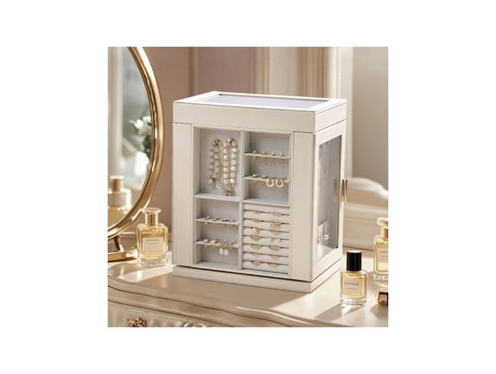 Boîte à bijoux avec fenêtre rotative, boîte à bijoux multicouche pour colliers, boucles d'oreilles, bagues, boîte de rangement pour bijoux