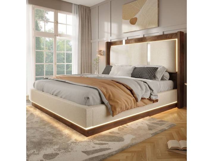 WOVREO Lit double 140x200 cm avec sommier à lattes LED coffre hydraulique tissu beige et noyer