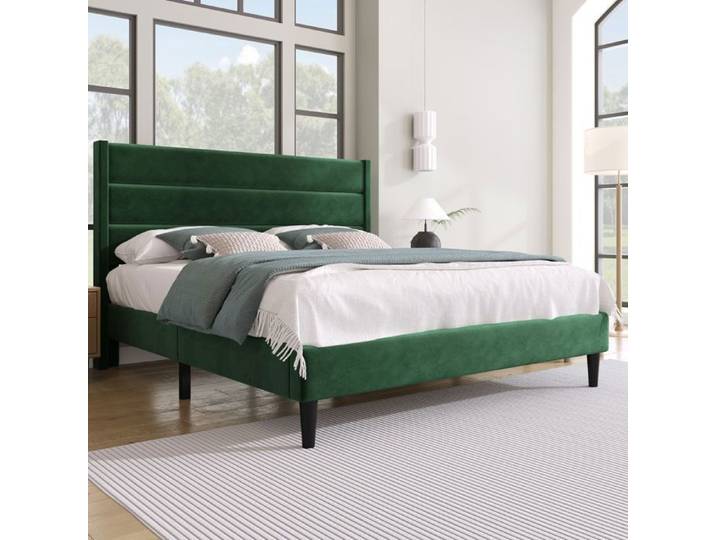 Lit double 140x200cm Velours vert - Bois massif - Style scandinave - Sommier inclus