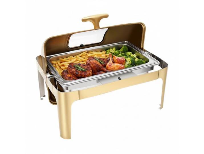 Rolltop-Chafing-Dish-Buffet-Set mit durchsichtigem Deckel warmhaltebehälter Buffetwärmer aus Edelstahl mit transparentem Deckel, rechteckiger Catering-Wärmer