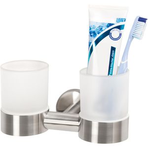Bremermann Zahnputzbecher PIAZZA Doppel, aus satiniertem Glas, zum Bohren, Wandhalterung Edelstahl matt, 2 x 250 ml