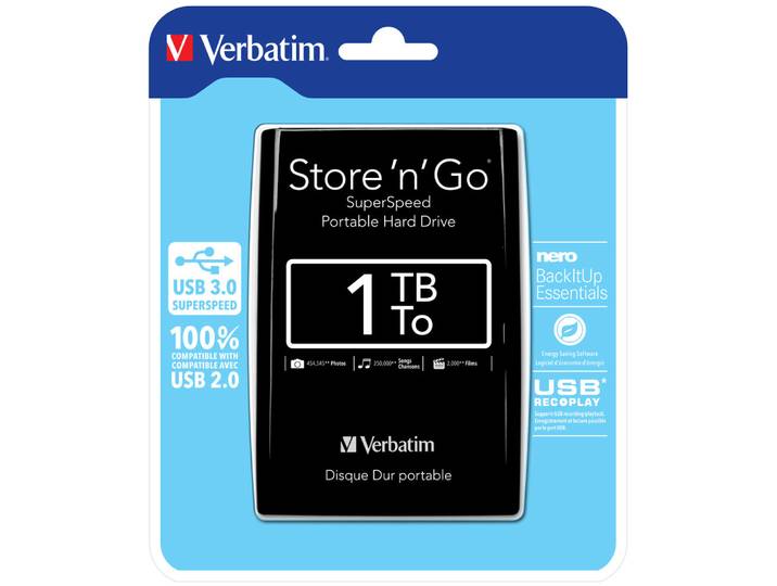 Verbatim Disque dur portable USB Store 'n' Go 3.0, 1 To, noir, 1000 Go, 2.5', 5400 tr/min, Noir 53023