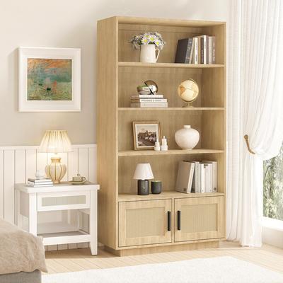 "Garvee 5-Tier Boho Bookshelf with Rattan Doors, 63"" Tall Wooden Storage Cabinet and Bookcase"