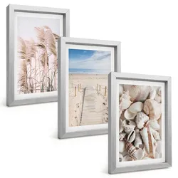 BILDER SET 3er Set - 20x30 cm Silberner Rahmen - Strandmuscheln Seegras