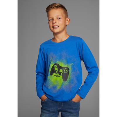 Langarmshirt KIDSWORLD "GAMER", Jungen, Gr. 140/146, blau (royalblau), Jersey, Obermaterial: 100% Baumwolle, bedruckt, Basic, Basic, Rundhals, Shirts Langarmshirt, Gamer-Shirt Langarm, Basic-Passform, mit trendigem Aufdruck