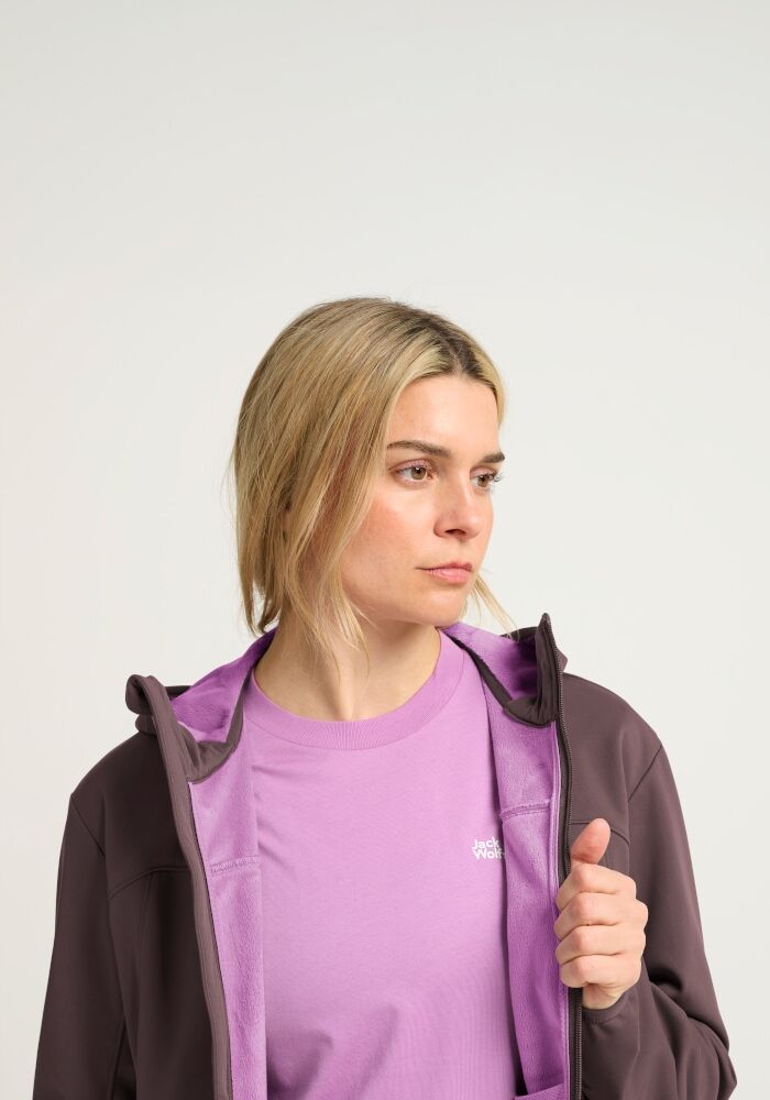 Softshelljacke JACK WOLFSKIN "WINDHAIN 2 HOODY W", Damen, Gr. XS, sheer plum, Obermaterial: 100% Polyester, normal, Jacken Softshelljacke, wasserabweisend, windabweisend, wärmeisolierend sheer plum XS