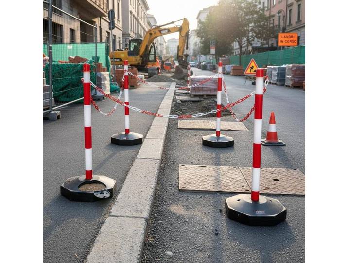 Poteau de signalisation 4 pièces, poteau de délimitation sur socle remplissable, hauteur réglable, cône de signalisation, longue chaîne 2,4 m pour contrôle de circulation, chantier, parking, rouge et
