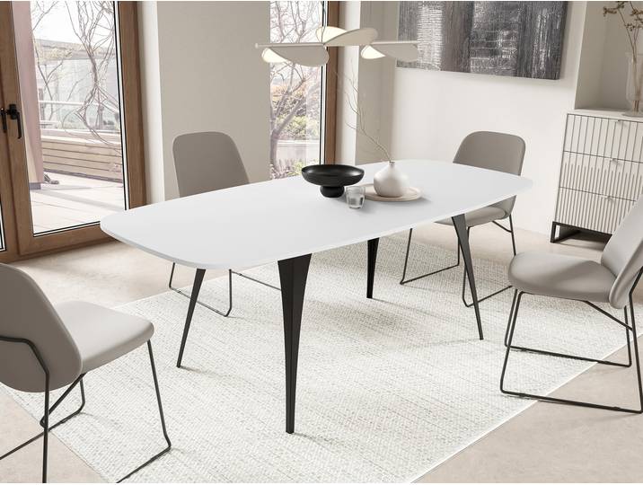 MIRJAN24 Tisch Aura 160, Ausziehbar, Industrial, Abgerundete Tischkanten, Beine aus Stahl, Esszimmertisch, Loft (Farbe: Schwarz / Arktisches Weiß)