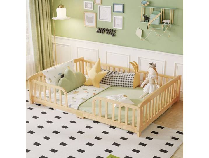 Lit en bois de pin 140x200cm avec garde-corps de sécurité entrée centrale couleur naturelle pour enfant