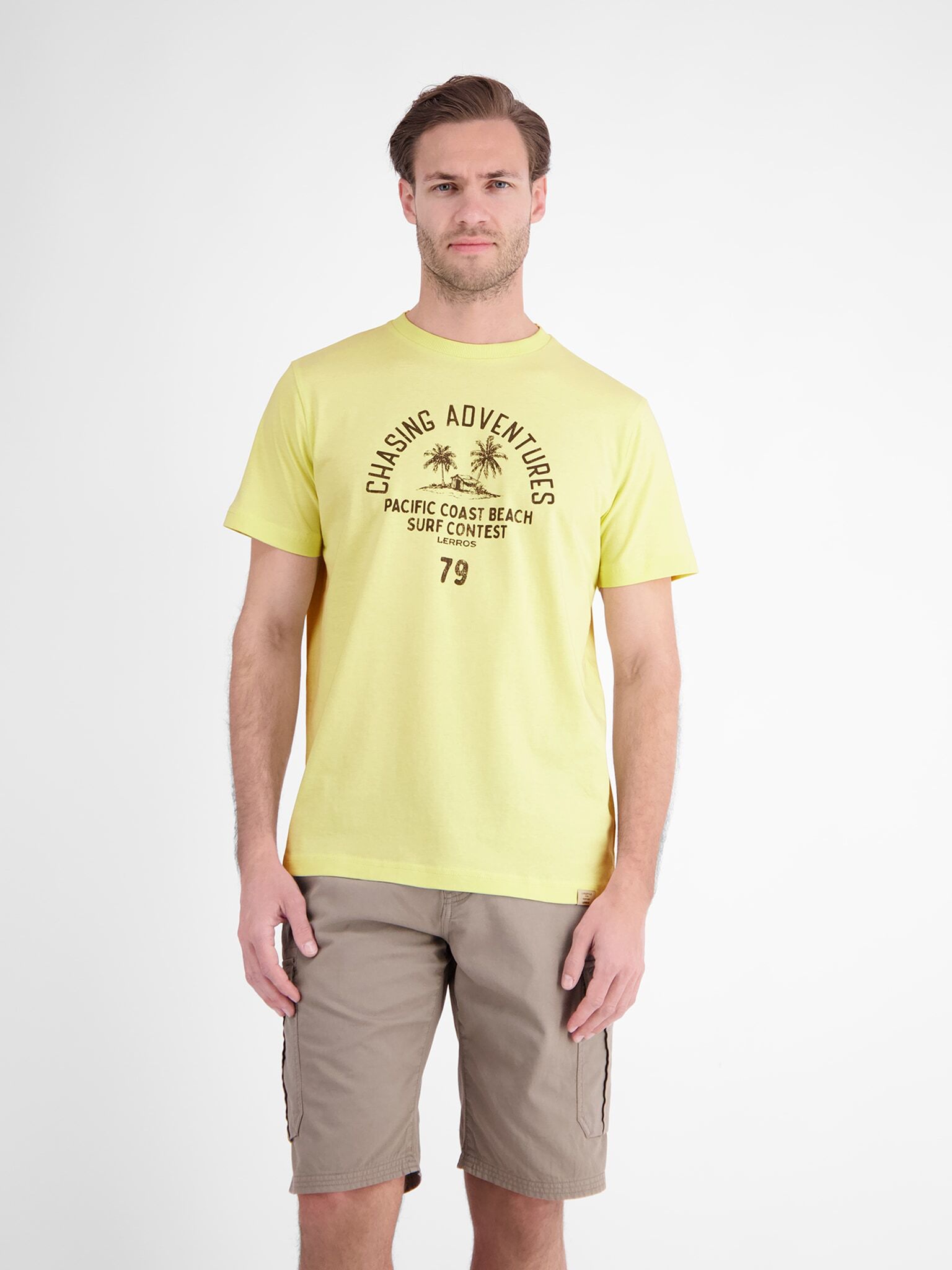 Print-Shirt LERROS, Herren, Gr. L, lemon water, Single Jersey, Obermaterial: 100% Baumwolle, bedruckt, regular fit normal, Rundhals, Shirts Print-Shirt, regular fit, Kurzarm-Design, mit auffälligem Print lemon water L