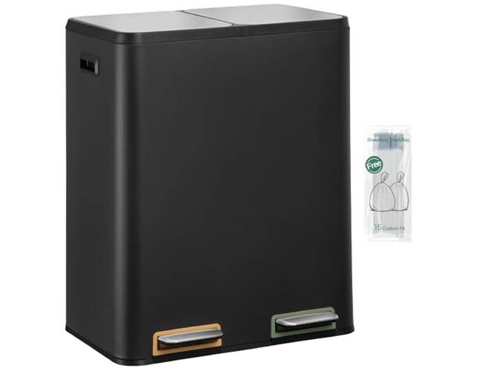Hzuaneri Mülleimer Küche, Mülltrennsystem 2 Fächer 60L (2 x 30 L), Edelstahl-küchenmülleimer, Tretmülleimer mit Farbcodierbaren Pedalen, Abfalleimer Ruhiger Langsamer Abstieg, Schwarz SW23099B