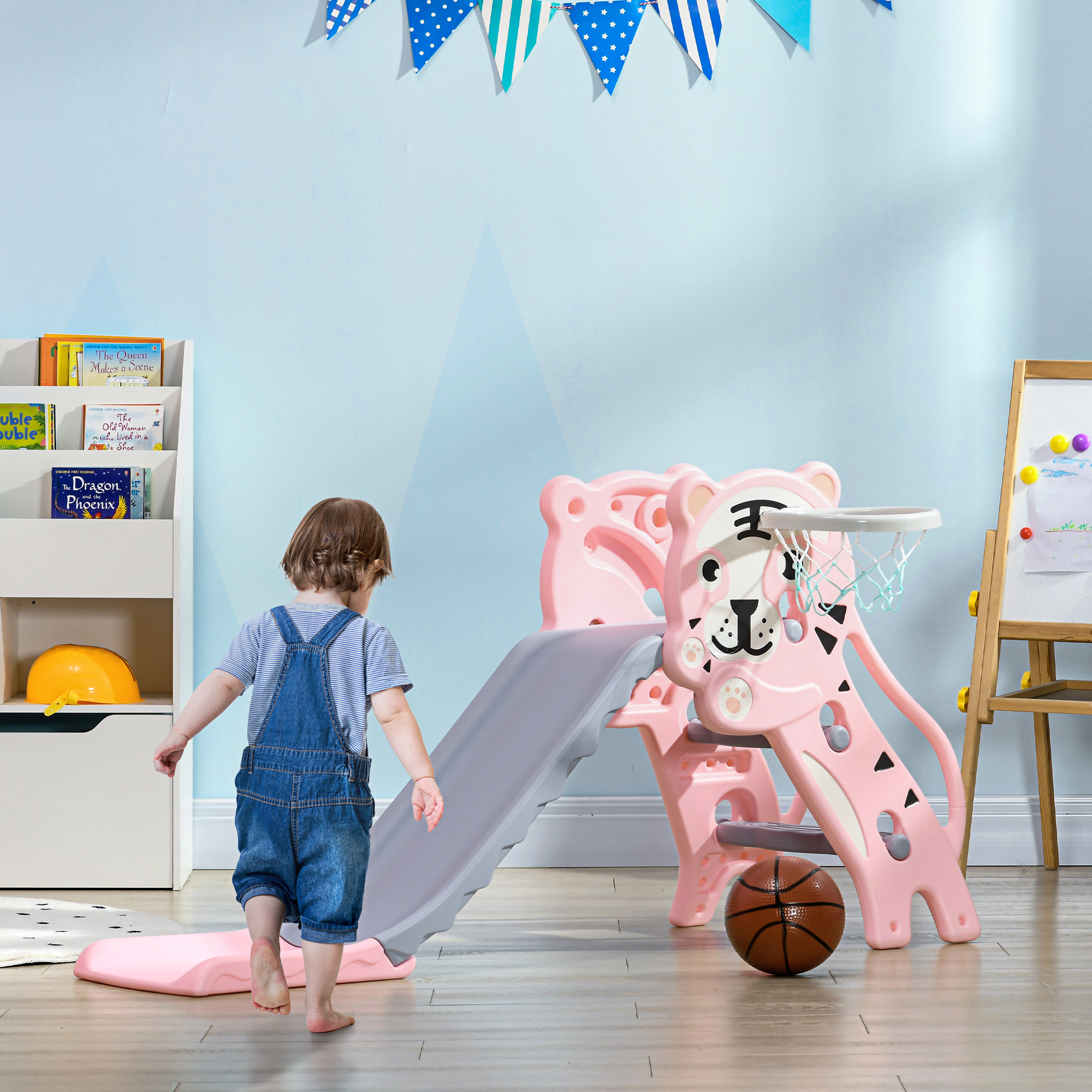 Aiyaplay Scivolo per Bambini 18-36 Mesi con Canestro da Basket Laterale, in Plastica, 133x60x70 cm, Rosa e Grigio