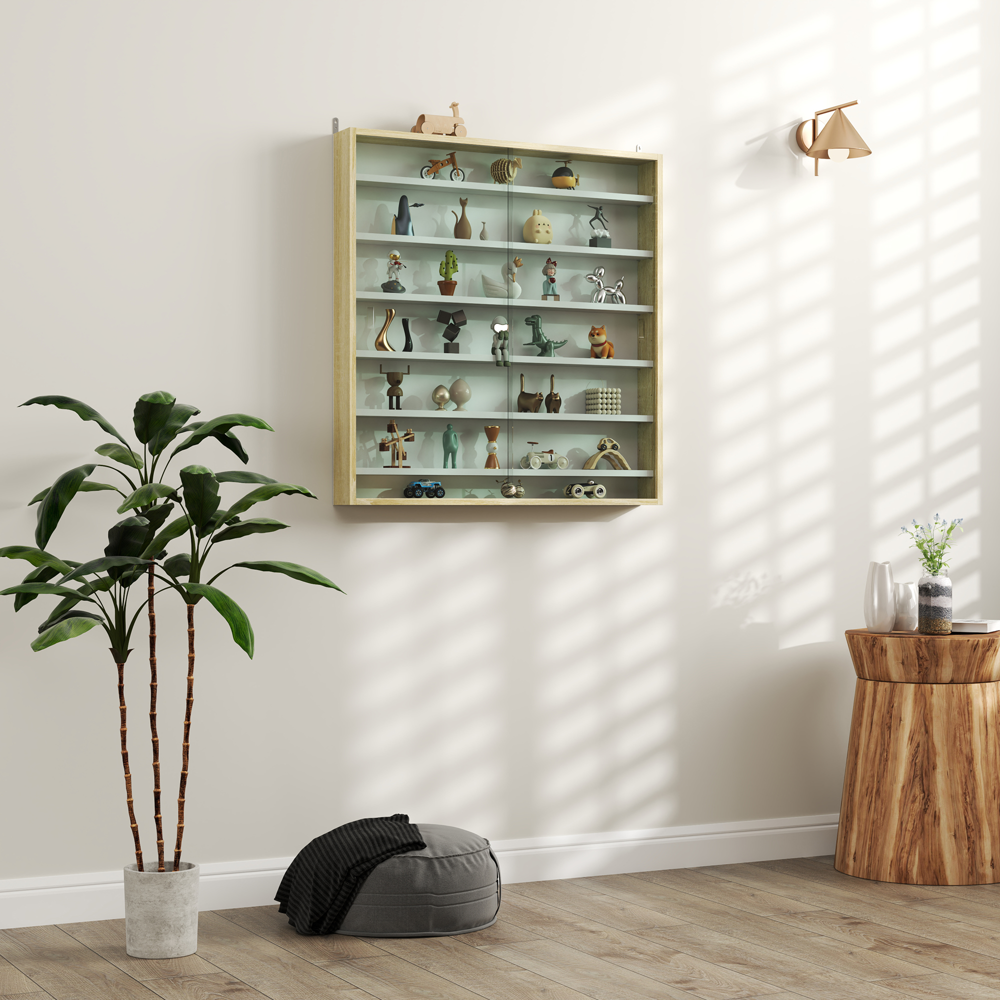 Homcom Bacheca Portaoggetti a 5 Ripiani Regolabili in Legno con Ante in Vetro, 80x9.5x83 cm, Bianco e Rovere   Aosom Italy