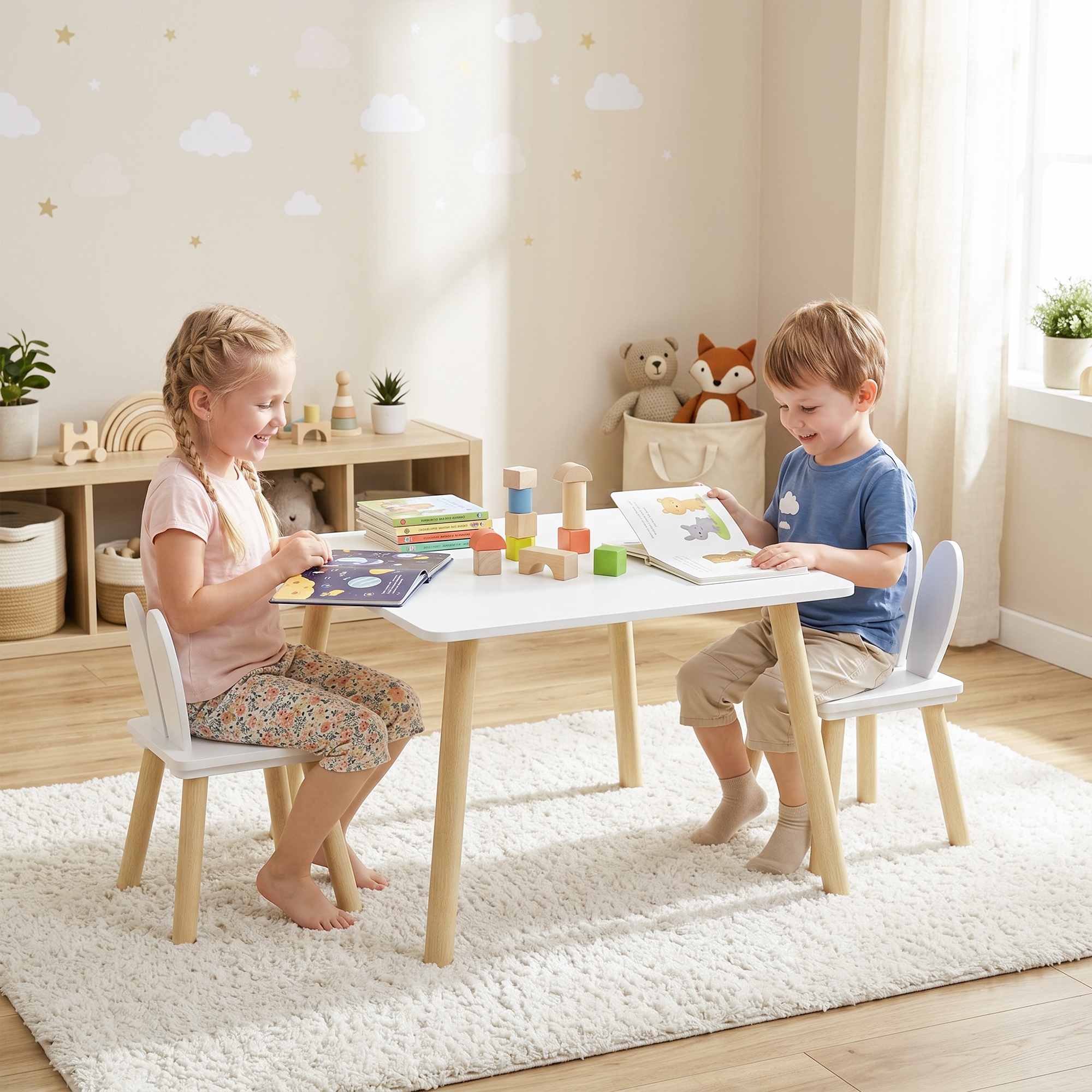 Aiyaplay Set Tavolo e 2 Sedie per Bambini con Schienale a Orecchie di Coniglio, Età 3-6 Anni, Bianco