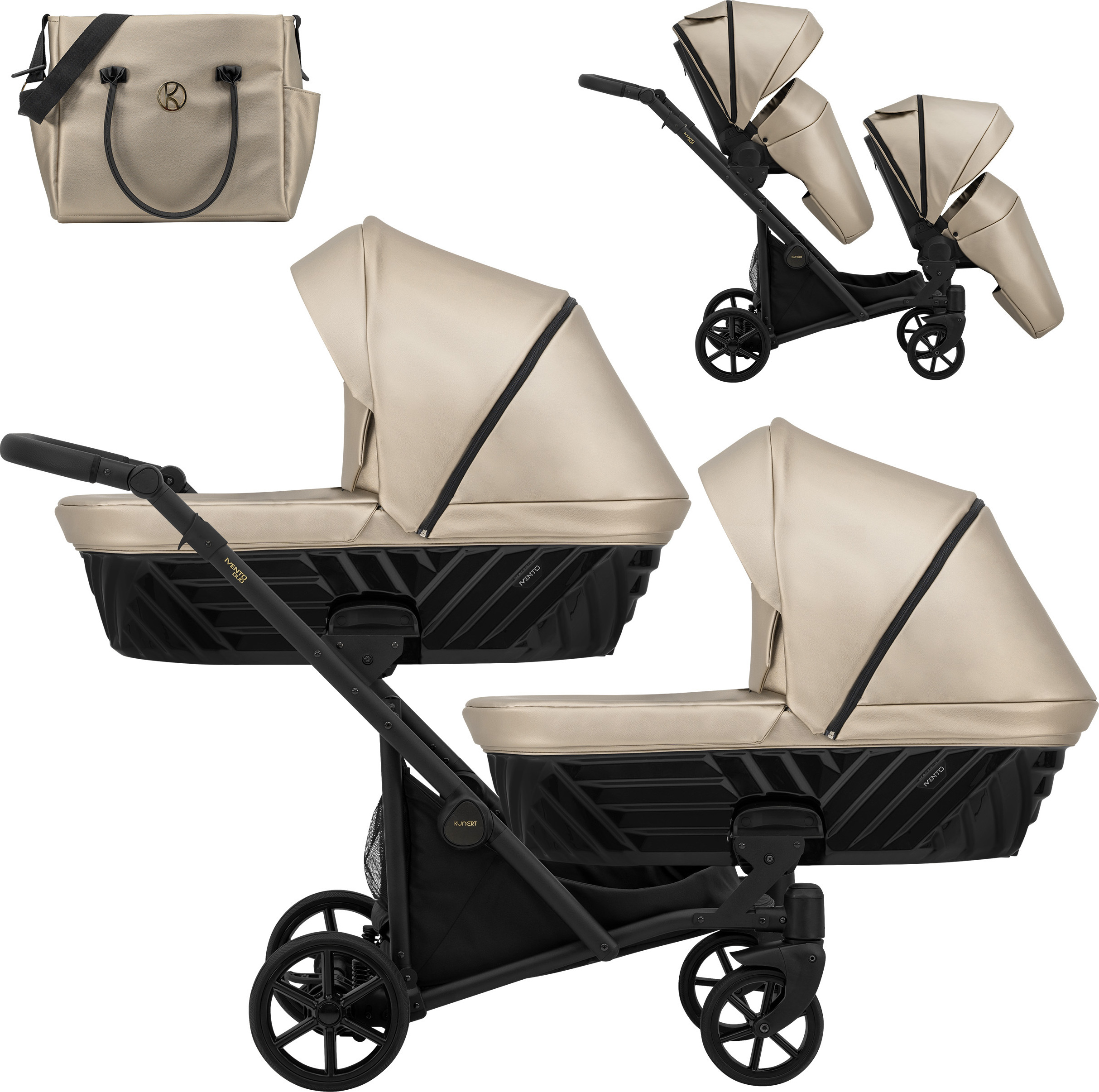 Kunert Ivento Duo 2in1 Zwillingswagen - schwarzes Gestell - Farbe: Eco Cappuccino