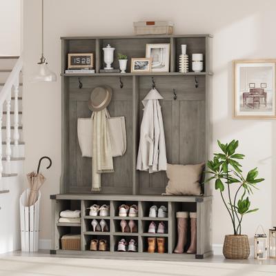 Garvee Farmhouse Entryway Hall Tree with Bench, Shoe Storage & Coat Rack, 5-in-1 Mudroom Storage w/Adjustable Shelf