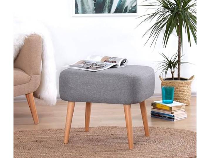 Atelier Del Sofa Stilvoller Grauer Pouf, 50% Baumwolle & 50% Leinen, 5 cm orthopädischer Schaumstoffkern, Holzbeine, 50 x 43 x 42 cm Skandinavisches Design für modernes Wohnen