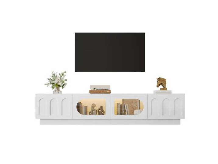 Ropilly Fernsehschrank weiß 200 cm breit mit App-LED und Glastüren Vier Türen, verdeckter Stauraum und Kabeldurchlässe für Medientechnik; Lichtfarbe und Helligkeit per App einstellbar
