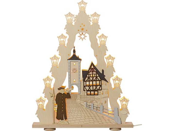 weigla - Lichterspitze original Erzgebirge I Motiv Rothenburg ob der Tauber I LED Lichterbogen Weihnachten I 15 Lampenkerzen + 1 Ersatzlampe I 15 x 16 V, 0,2 W, E10 I Weihnachtsdeko innen I aus Holz