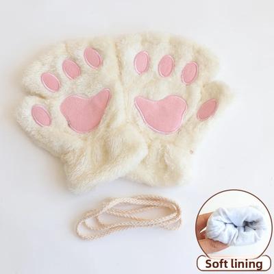 Friendly Fresh Finds Fingerless Gloves With Bear Cat Design, Plush Animal Paw Gloves For Casual Winter Streetwear And Themed Parties white