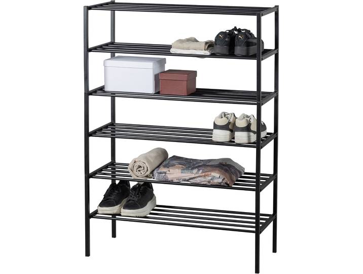 Schuhregal WOOOD Ferro mit pulverbeschichtetem Eisen stapelbar , schwarz, B:85cm H:120cm T:35cm, Eisen, Regale, Schuhregal, Tragkraft 15 kg pro Einlegeboden, Pfleiglicht, einfach zu montieren