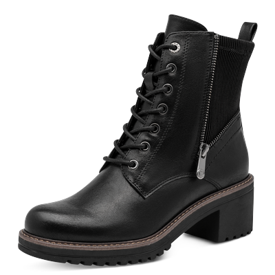 Schnürstiefelette MARCO TOZZI "LUTTER", Damen, Gr. 37, Textil, schwarz, Lederimitat, Textil, unifarben, Basic, Schuhe Schnürstiefelette, Blockabsatz, Ankle Boots mit Reißverschluss und Textil-Einsatz