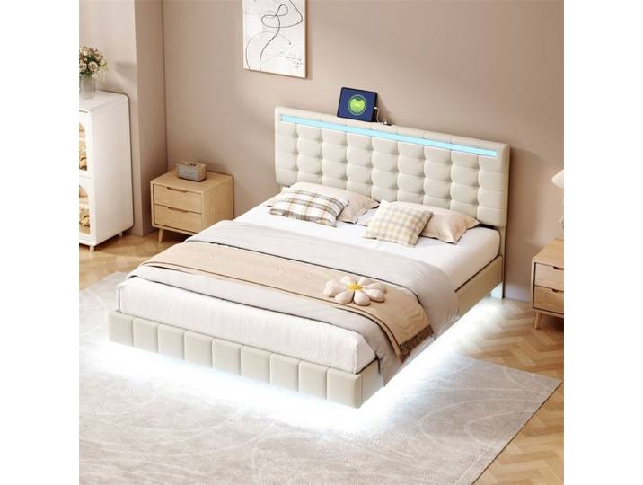 Lit Double Suspendu 160x200cm - Lit Rembourré 160x200cm - Lit Adulte avec Éclairage LED et Port USB - Sans matelas - Beige