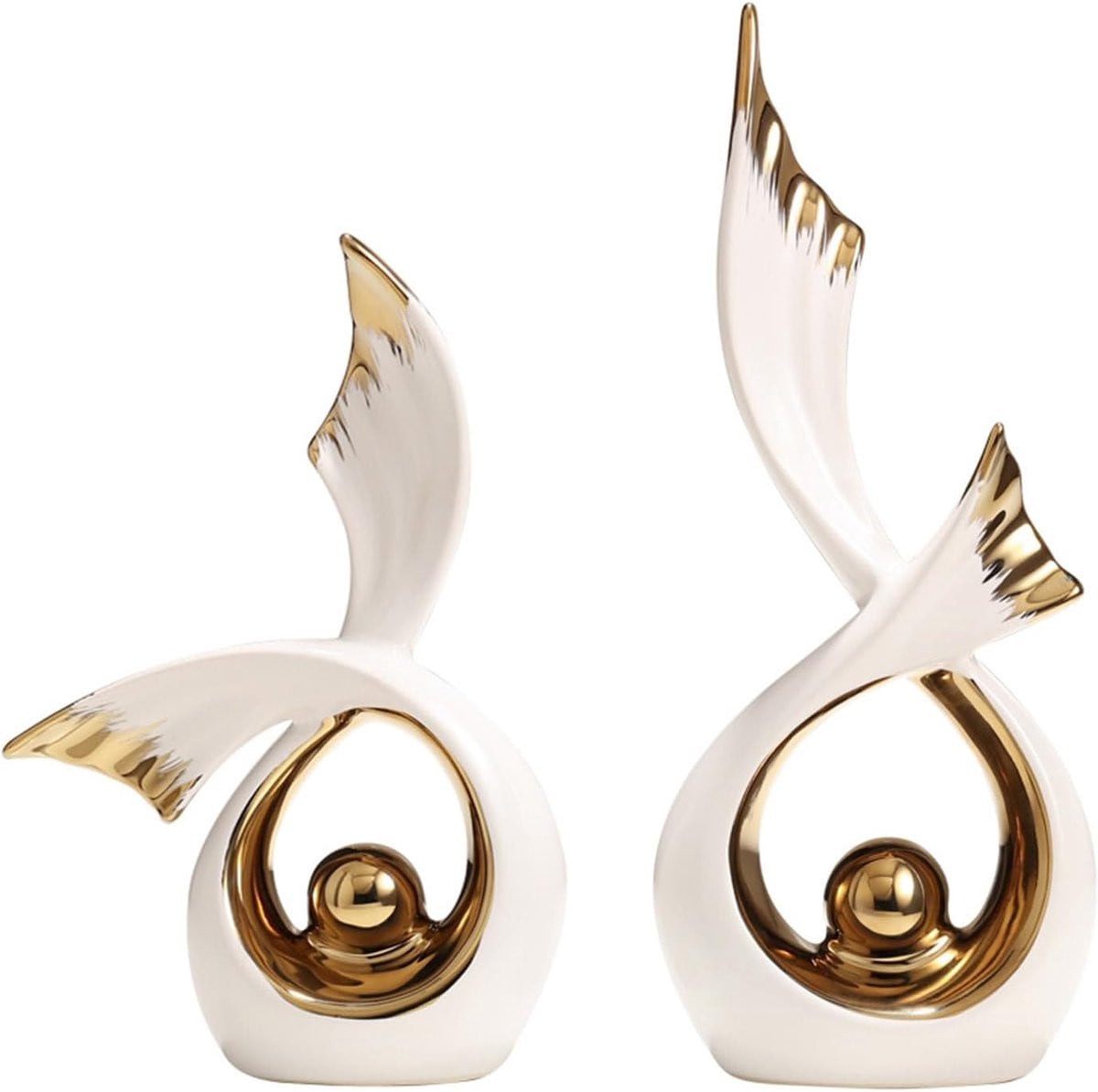 Wit Keramiek Sculptuur Abstract Beeld met Galvanische Afwerking voor Decoratie in de Woonkamer, Hoogte: 24,5 cm