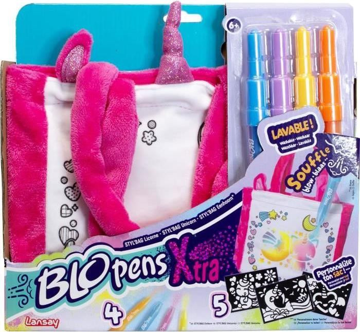 Lansay Blopens Styl'Bag Eenhoorn met 4 Blopens en 5 Sjablonen voor Kinderen vanaf 6 Jaar met Airbrush-effect