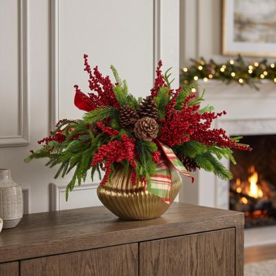 Creative Labs Holiday Evergreen and Ribbon Arrangement in a Ridged Metal Pot