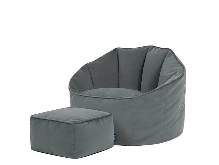 Pouf fauteuil avec repose-pied carré velours gris anthracite