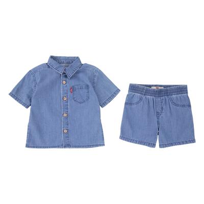 Hemd & Hose LEVI'S KIDS "LVB WESTERN LT WT DENIM SHORT", Jungen, Gr. 24M (92), blau (thrifted), Web, Obermaterial: 100% Baumwolle, KOB Set-Artikel, /Shorts im Denim-Look aus leichter Baumwolle