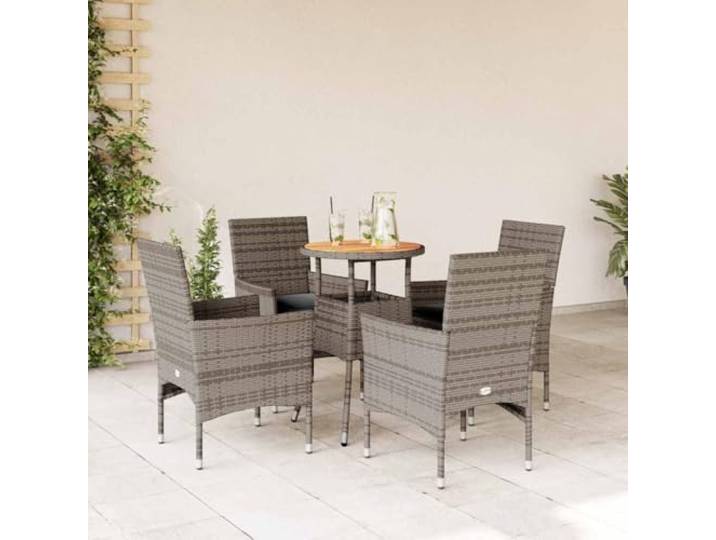 HEFZGDB 5-TLG. Garten-Essgruppe mit Kissen Grau Poly Rattan Akazie, Outdoor-Esstischgruppe mit Polsterauflagen, Wetterfeste PE-Rattan Gartenmöbel und Akazienholz Tischplatte,