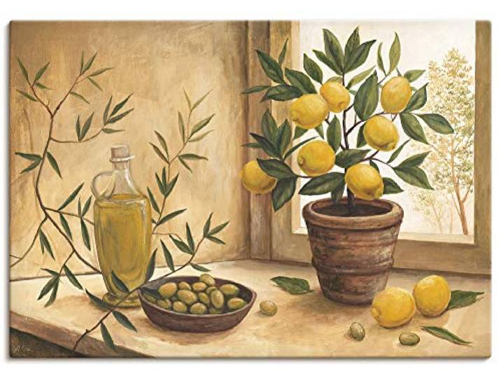 ARTLAND Wanddeko Leinwand Bilder Wandbild 100x70 cm Stillleben Toskana Mediterran Oliven Zitrone Essen Lebensmittel Malerei T4HV