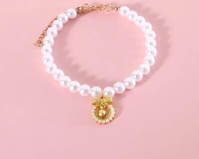 Inspired Finds Princess Pearl Cherry Bow Pet Necklace Collar For Cats & Small Dogs golden m
