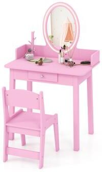 Costway Kids Vanity Set with Lighted Mirror-Pink