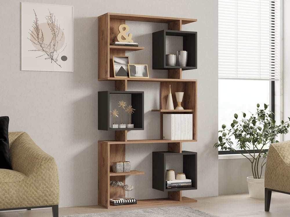 Habitat & Jardin Bibliothèque vitrine 8 étagères en mélaminé chêne brun et anthracite Marron 90x171x24cm