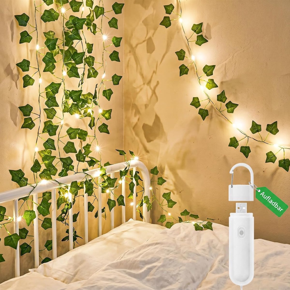 Lichtsnoer met 2 meter kunstmatige klimop en 20 leds, groene bladeren, op batterijen met timerfunctie