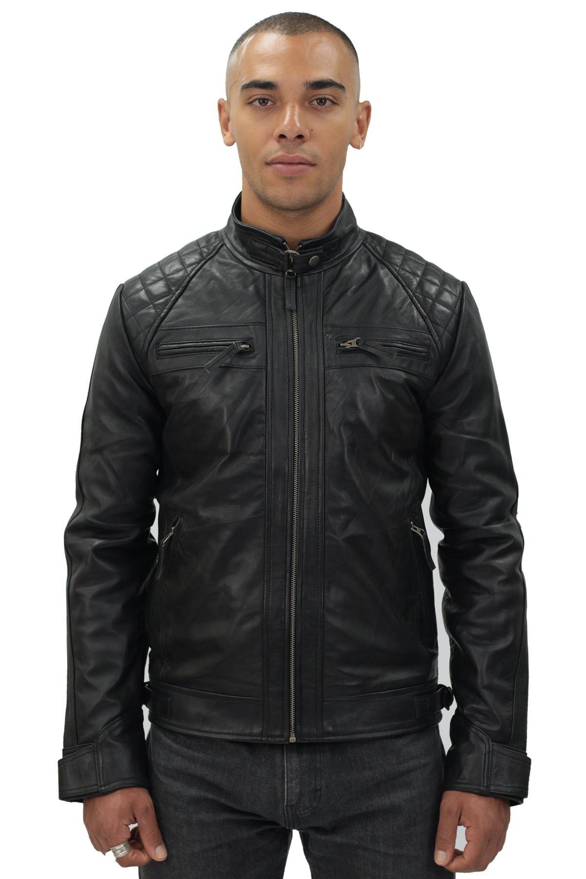 Klassische gesteppte Bikerjacke aus Leder für Herren-Silsden