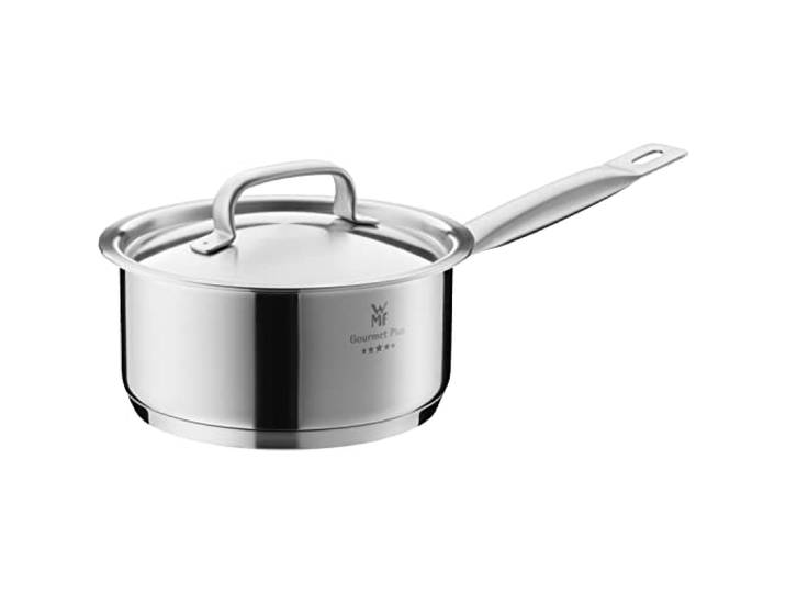 WMF Gourmet Plus Stielkasserolle 16cm, kleiner Topf mit Metalldeckel mit Dampföffnung, Kochtopf klein 1,4l, Induktion, Nudeltopf Cromargan Edelstahl mattiert, Innenskalierung
