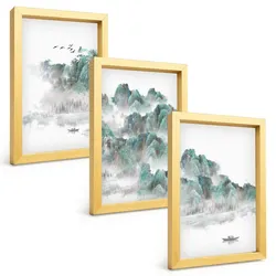 BILDER SET 3er Set - 20x30 cm Goldrahmen - Berge, Wolken, Vögel, Boot, Japandi
