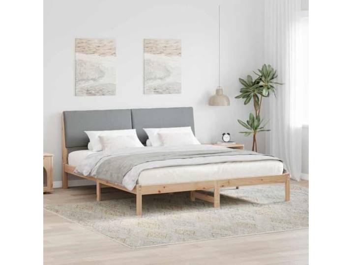 RJPLMFV Bettgestell, 200 x 200 cm, mit Kopfteil, Braun Massives Kiefernholz, Wand-Kopfteil, hellgrau, matte Oberfläche, inklusive Latten
