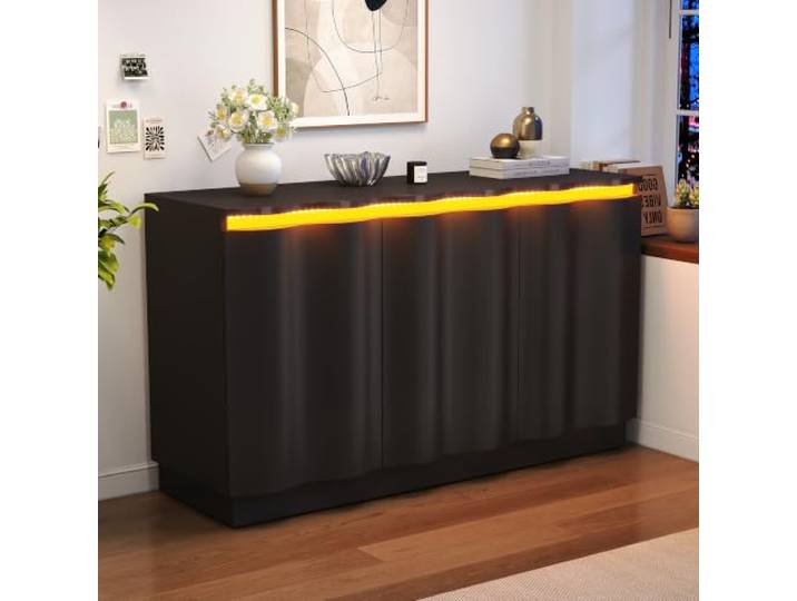 Merax Sideboard mit LED-Licht, Moderner Kommode mit 3 Schranktüren, verstellbare Einlegeböden, Wellenförmige Front, Multifunktionales Buffetschrank Beistellschrank für Wohnzimmer Schlafzimmer, Schwarz