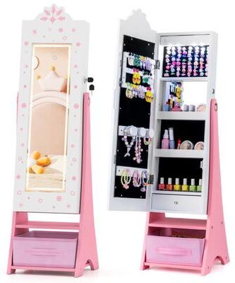 Costway Kids Jewelry Armoire Freestanding Jewelry Cabinet with 3-Color Lighted Full Length Mirror-White