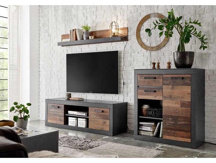 Wohnwand HOME AFFAIRE BROOKLYN , grau (matera, old mix dekor, absetzung matera), B:255cm, Kastenmöbel-Sets, Wohnwand